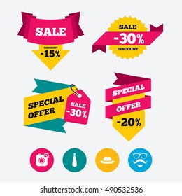 Hipster photo camera. Mustache with beard icon. Glasses and tie symbols. Classic hat headdress sign. Web stickers, banners and labels. Sale discount tags. Special offer signs. Vector