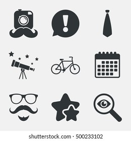 Hipster photo camera. Mustache with beard icon. Glasses and tie symbols. Bicycle family vehicle sign. Attention, investigate and stars icons. Telescope and calendar signs. Vector
