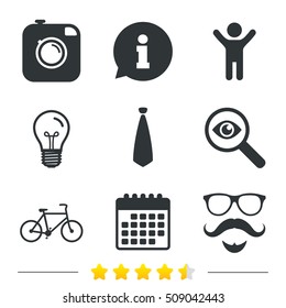 Hipster photo camera. Mustache with beard icon. Glasses and tie symbols. Bicycle sign. Information, light bulb and calendar icons. Investigate magnifier. Vector