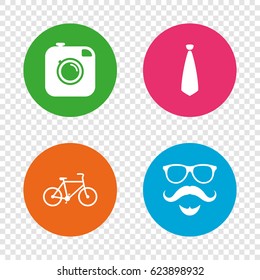 Hipster photo camera. Mustache with beard icon. Glasses and tie symbols. Bicycle sign. Round buttons on transparent background. Vector