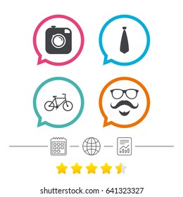Hipster photo camera. Mustache with beard icon. Glasses and tie symbols. Bicycle sign. Calendar, internet globe and report linear icons. Star vote ranking. Vector