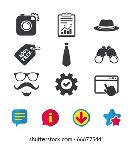 Hipster photo camera. Mustache with beard icon. Glasses and tie symbols. Classic hat headdress sign. Browser window, Report and Service signs. Binoculars, Information and Download icons. Vector