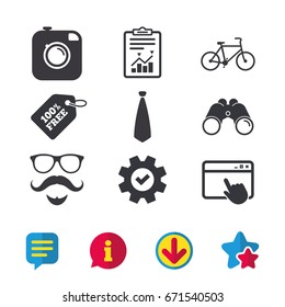 Hipster photo camera. Mustache with beard icon. Glasses and tie symbols. Bicycle sign. Browser window, Report and Service signs. Binoculars, Information and Download icons. Stars and Chat. Vector