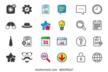 Hipster photo camera. Mustache with beard icon. Glasses and tie symbols. Classic hat headdress sign. Chat, Report and Calendar signs. Stars, Statistics and Download icons. Question, Clock and Globe