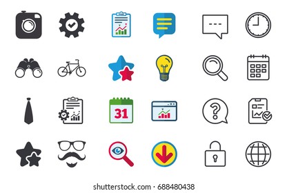 Hipster photo camera. Mustache with beard icon. Glasses and tie symbols. Bicycle sign. Chat, Report and Calendar signs. Stars, Statistics and Download icons. Question, Clock and Globe. Vector