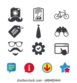 Hipster photo camera. Mustache with beard icon. Glasses and tie symbols. Bicycle family vehicle sign. Browser window, Report and Service signs. Binoculars, Information and Download icons. Vector