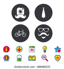 Hipster photo camera. Mustache with beard icon. Glasses and tie symbols. Bicycle family vehicle sign. Calendar, Information and Download signs. Stars, Award and Book icons. Vector