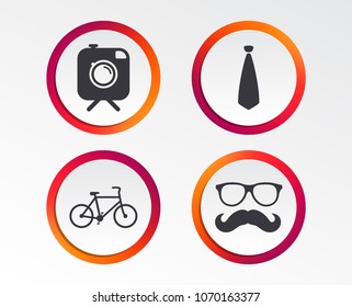 Hipster photo camera with mustache icon. Glasses and tie symbols. Bicycle family vehicle sign. Infographic design buttons. Circle templates. Vector
