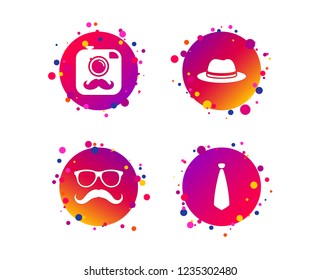 Hipster photo camera with mustache icon. Glasses and tie symbols. Classic hat headdress sign. Gradient circle buttons with icons. Random dots design. Vector