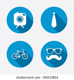 Hipster photo camera with mustache icon. Glasses and tie symbols. Bicycle family vehicle sign. Circle concept web buttons. Vector