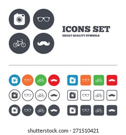 Hipster photo camera with mustache icon. Glasses symbol. Bicycle family vehicle sign. Web buttons set. Circles and squares templates. Vector