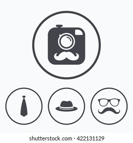 Hipster photo camera with mustache icon. Glasses and tie symbols. Classic hat headdress sign. Icons in circles.