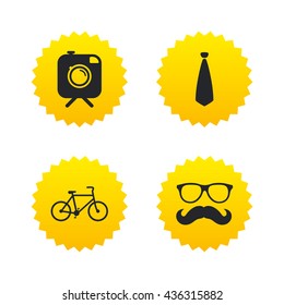 Hipster photo camera with mustache icon. Glasses and tie symbols. Bicycle family vehicle sign. Yellow stars labels with flat icons. Vector