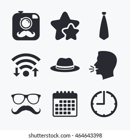 Hipster photo camera with mustache icon. Glasses and tie symbols. Classic hat headdress sign. Wifi internet, favorite stars, calendar and clock. Talking head. Vector