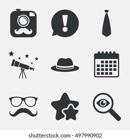Hipster photo camera with mustache icon. Glasses and tie symbols. Classic hat headdress sign. Attention, investigate and stars icons. Telescope and calendar signs. Vector