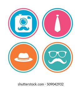 Hipster photo camera with mustache icon. Glasses and tie symbols. Classic hat headdress sign. Colored circle buttons. Vector