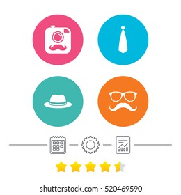 Hipster photo camera with mustache icon. Glasses and tie symbols. Classic hat headdress sign. Calendar, cogwheel and report linear icons. Star vote ranking. Vector