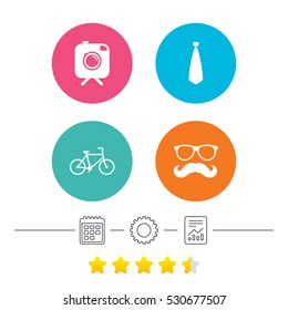 Hipster photo camera with mustache icon. Glasses and tie symbols. Bicycle family vehicle sign. Calendar, cogwheel and report linear icons. Star vote ranking. Vector
