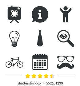 Hipster photo camera with mustache icon. Glasses and tie symbols. Bicycle family vehicle sign. Information, light bulb and calendar icons. Investigate magnifier. Vector
