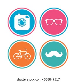 Hipster photo camera with mustache icon. Glasses symbol. Bicycle family vehicle sign. Colored circle buttons. Vector