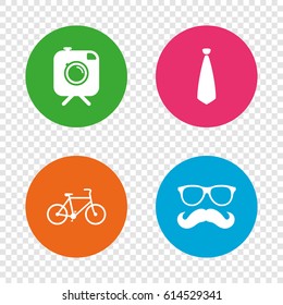Hipster photo camera with mustache icon. Glasses and tie symbols. Bicycle family vehicle sign. Round buttons on transparent background. Vector