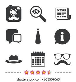 Hipster photo camera with mustache icon. Glasses and tie symbols. Classic hat headdress sign. Newspaper, information and calendar icons. Investigate magnifier, chat symbol. Vector