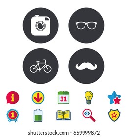 Hipster photo camera with mustache icon. Glasses symbol. Bicycle family vehicle sign. Calendar, Information and Download signs. Stars, Award and Book icons. Light bulb, Shield and Search. Vector