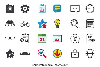 Hipster photo camera with mustache icon. Glasses symbol. Bicycle family vehicle sign. Chat, Report and Calendar signs. Stars, Statistics and Download icons. Question, Clock and Globe. Vector