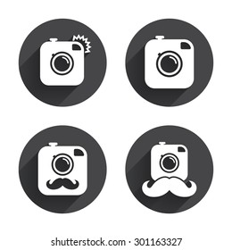 Hipster photo camera with mustache icons. Retro camera symbols. Circles buttons with long flat shadow. Vector
