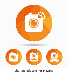 Hipster photo camera with mustache icons. Retro camera symbols. Triangular low poly buttons with shadow. Vector