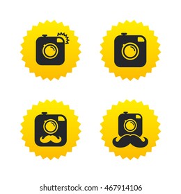 Hipster photo camera with mustache icons. Retro camera symbols. Yellow stars labels with flat icons. Vector