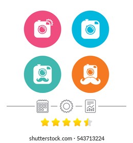 Hipster photo camera with mustache icons. Retro camera symbols. Calendar, cogwheel and report linear icons. Star vote ranking. Vector