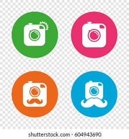 Hipster photo camera with mustache icons. Retro camera symbols. Round buttons on transparent background. Vector