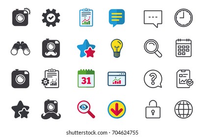 Hipster photo camera with mustache icons. Retro camera symbols. Chat, Report and Calendar signs. Stars, Statistics and Download icons. Question, Clock and Globe. Vector