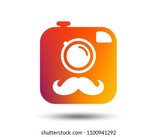 Hipster photo camera with mustache sign icon. Retro camera symbol. Blurred gradient design element. Vivid graphic flat icon. Vector