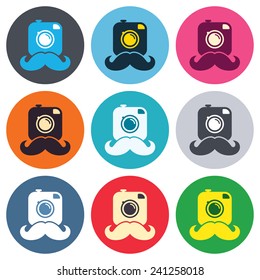 Hipster photo camera with mustache sign icon. Retro camera symbol. Colored round buttons. Flat design circle icons set. Vector