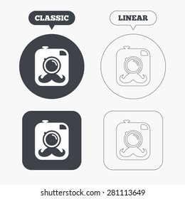 Hipster photo camera with mustache sign icon. Retro camera symbol. Classic and line web buttons. Circles and squares. Vector
