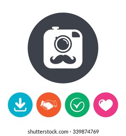 Hipster photo camera with mustache sign icon. Retro camera symbol. Download arrow, handshake, tick and heart. Flat circle buttons.