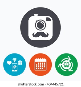 Hipster photo camera with mustache sign icon. Retro camera symbol. Mobile payments, calendar and wifi icons. Bus shuttle.