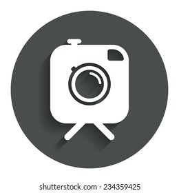 Hipster photo camera sign icon. Retro camera on tripod symbol. Gray flat button with shadow. Modern UI website navigation. Vector