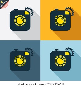 Hipster photo camera sign icon. Retro camera with flash symbol. Four squares. Colored Flat design buttons. Vector
