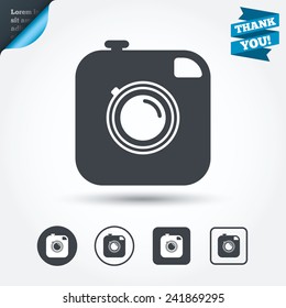 Hipster photo camera sign icon. Retro camera symbol. Circle and square buttons. Flat design set. Thank you ribbon. Vector