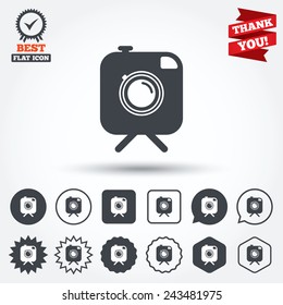 Hipster photo camera sign icon. Retro camera on tripod symbol. Circle, star, speech bubble and square buttons. Award medal with check mark. Thank you ribbon. Vector