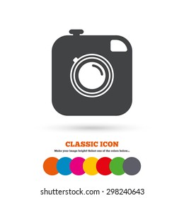 Hipster photo camera sign icon. Retro camera symbol. Classic flat icon. Colored circles. Vector