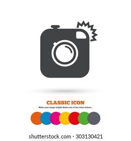 Hipster photo camera sign icon. Retro camera with flash symbol. Classic flat icon. Colored circles. Vector