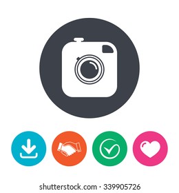 Hipster photo camera sign icon. Retro camera symbol. Download arrow, handshake, tick and heart. Flat circle buttons.