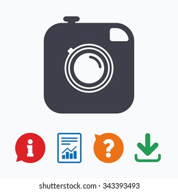 Hipster photo camera sign icon. Retro camera symbol. Information think bubble, question mark, download and report.