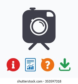 Hipster photo camera sign icon. Retro camera on tripod symbol. Information think bubble, question mark, download and report.