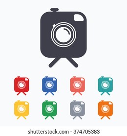 Hipster photo camera sign icon. Retro camera on tripod symbol. Colored flat icons on white background.