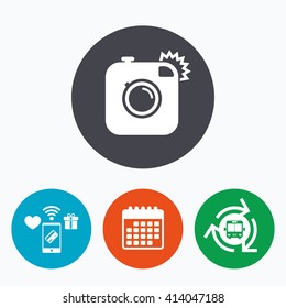 Hipster photo camera sign icon. Retro camera with flash symbol. Mobile payments, calendar and wifi icons. Bus shuttle.